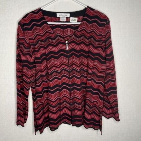 Misook Zig Zag Chevron Scalloped Hem Full Zip Cardigan Women Size Large Petite - Picture 1 of 9